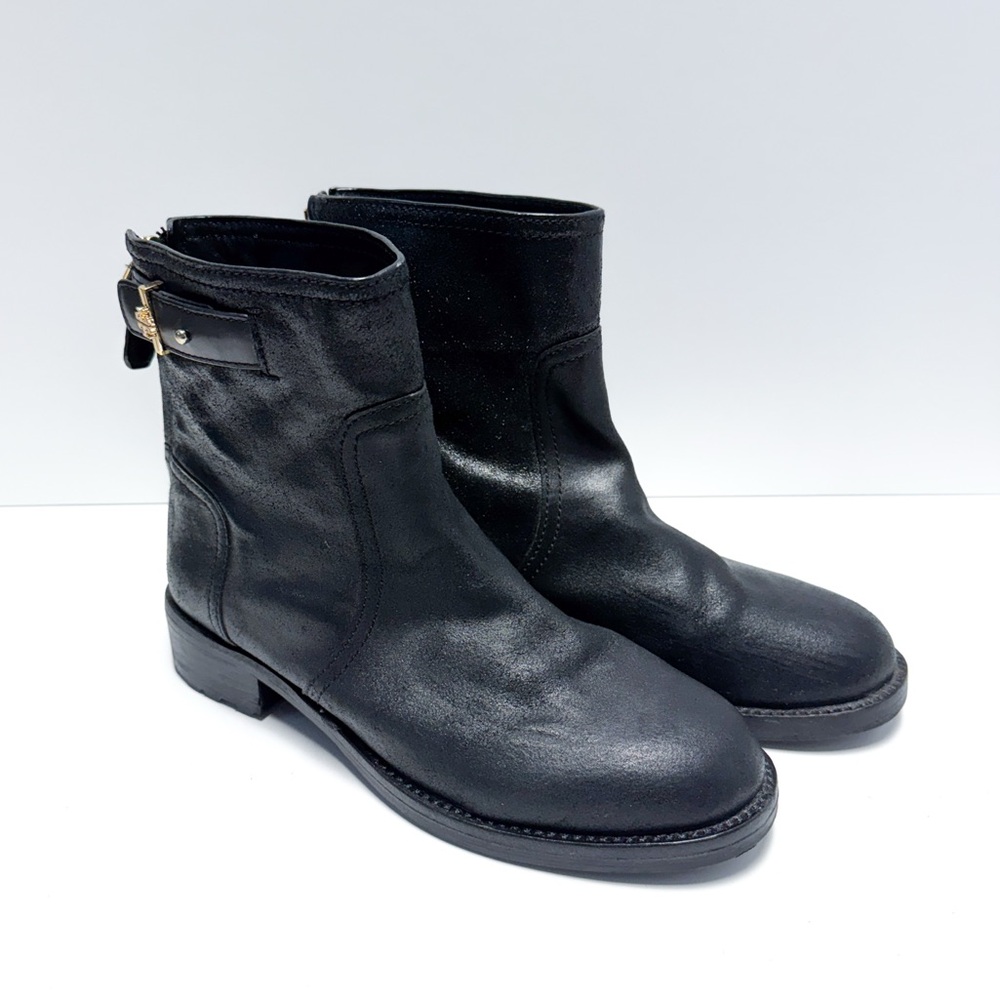 Tory Burch Selena Metallic Distressed Black Leather Back Zip Ankle Boots